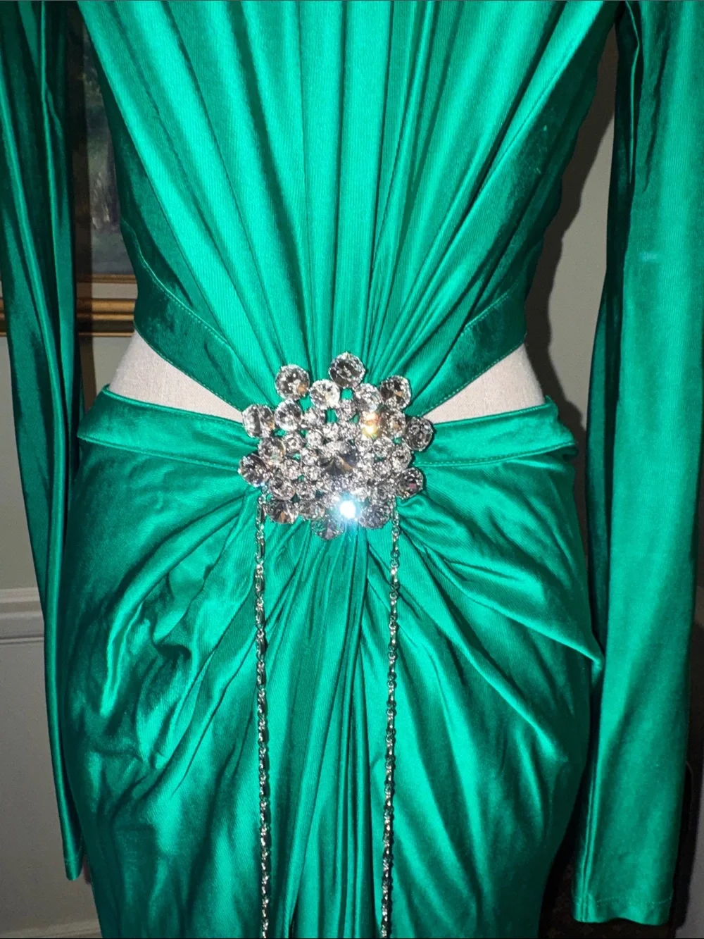 Paco Rabanne Size 44 M L Emerald Green Long Sleeve Evening Gown Dress